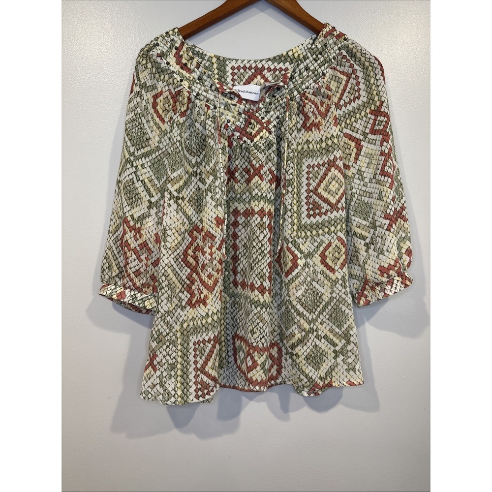Alfred Dunner Womens Tunic Top 12 Olive Rust Snakeskin Print Beaded Boho